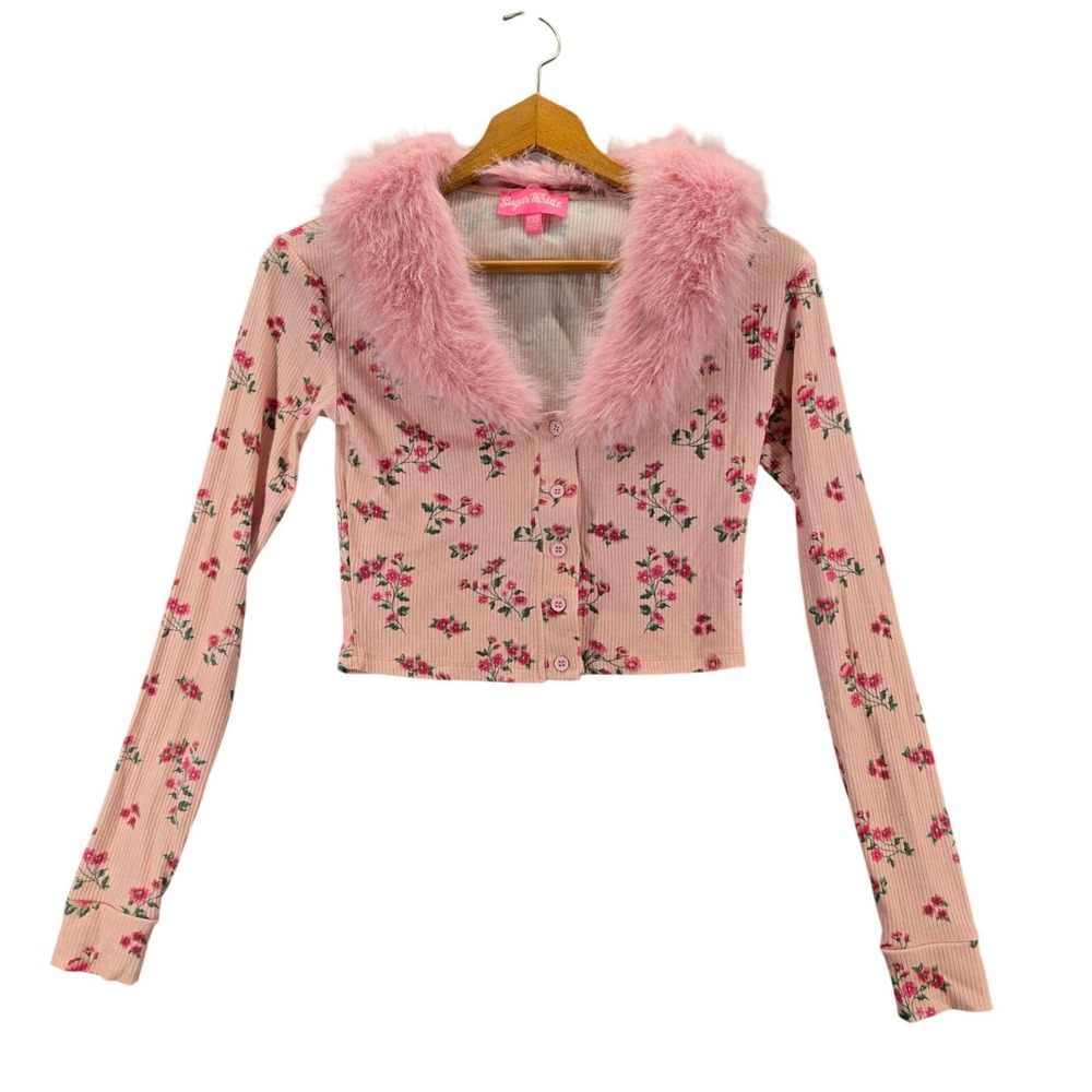 Sugar Thrillz Pink Floral Ribbed Cardigan Fuzzy Fur Trim Long Sleeve Cropped XXS